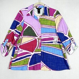 Ali Miles Top Womens Medium Petite Roll Tab‎ Sleeve Artsy Abstract Colorful NWT